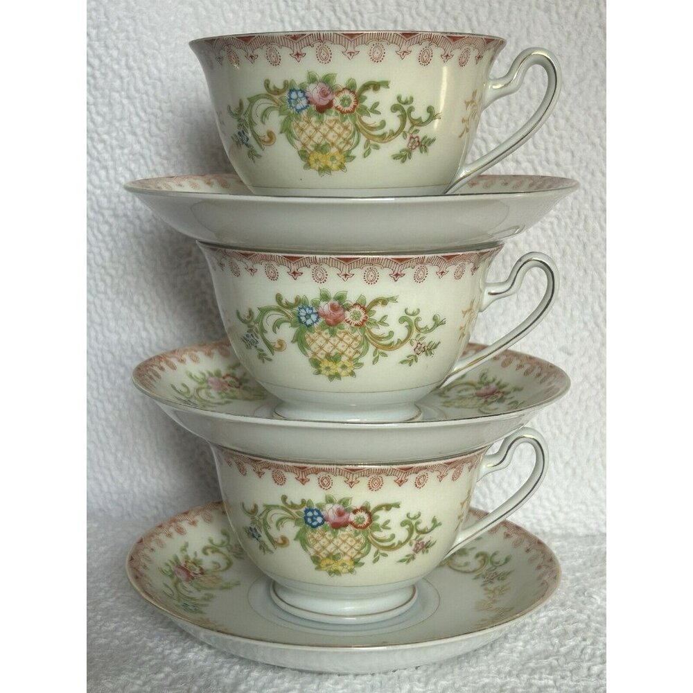 Vintage National China Set Of 3 Cup Saucer Basket Of Flowers Detailed Edge GUC